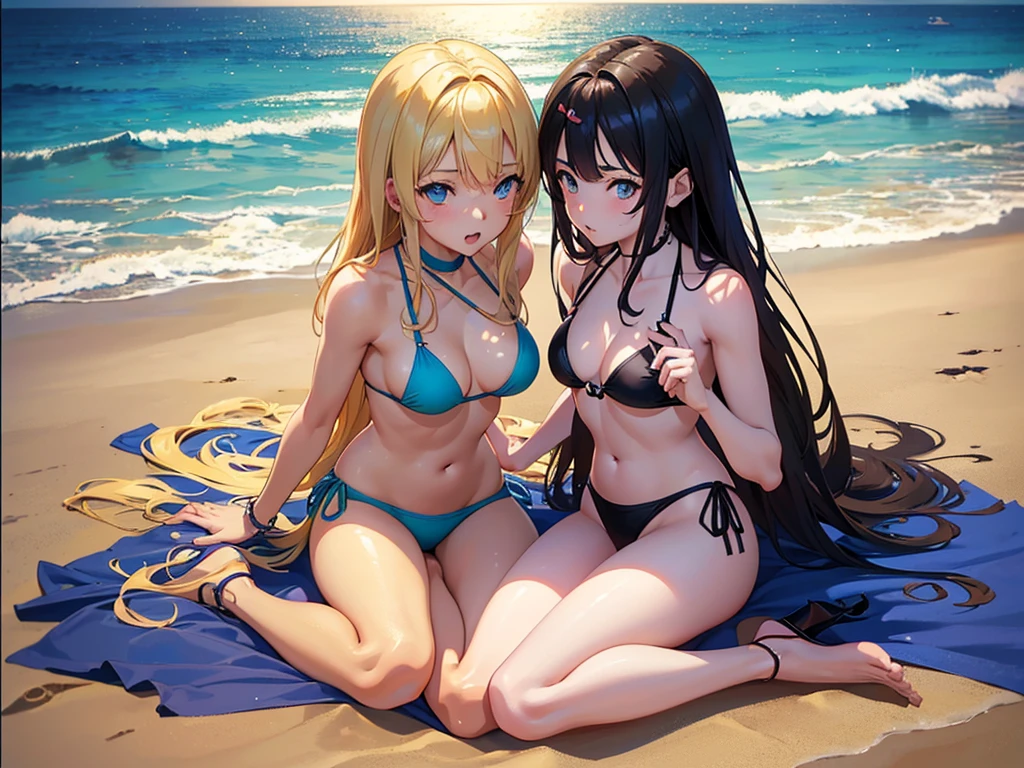anime, Style, 2 girls in bikini, on the beach(best quality, 4k, 8k, high resolution, obra-prima: 1.2), ultra-detailed, (realista, fotorealista, foto-realista: 1.37) colorido com vibrantes cores, soft lighting