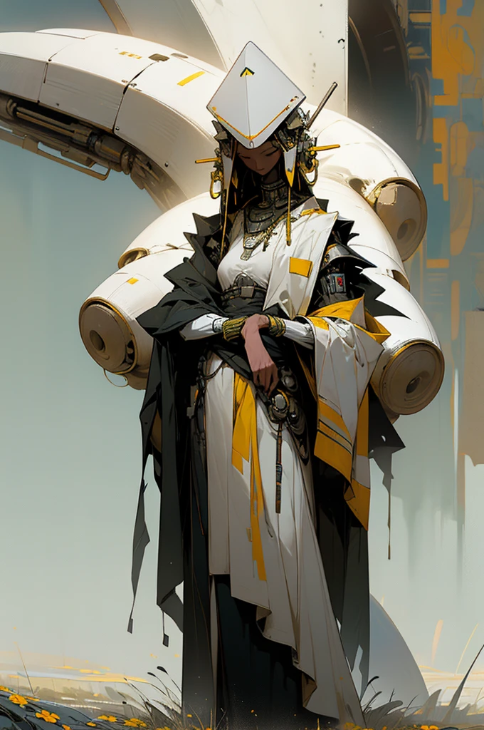 a tall slim robot, wearing a simple yellow wrap across its shoulder, a diamond shaped head. robot is standing side by side with a short African woman, with curly black hair and a gentle smile, wearing a sleeveless white robe, standing in a vast meadow covered with white and yellow flowers