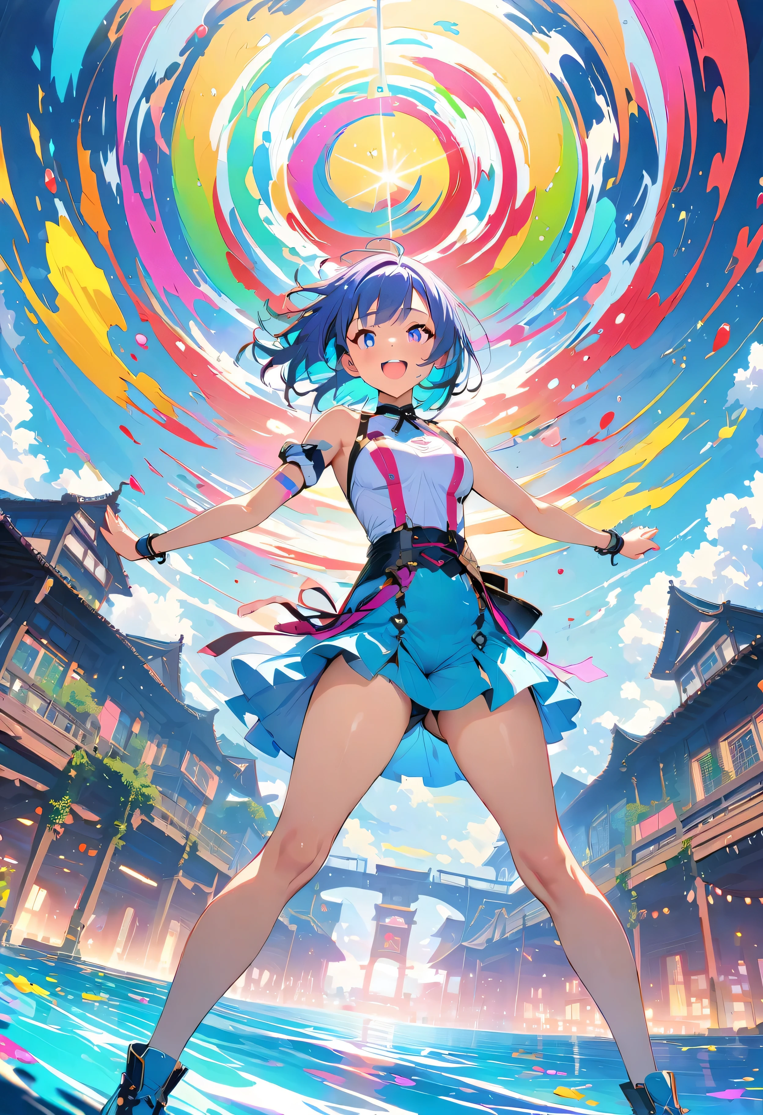 (masterpiece, Highest quality, Official Art:1.2), (colorful), Perfect Anatomy, Looking at the audience, One Girl, alone, White Background, floating colorful water, Ultra-fine illustrations, highly detailed, Dynamic Angle, beautiful detailed, 8K, break smiling amidst the colorful scenes, (Highest quality, masterpiece, High resolution, detailed), Anime Style, (Shining Eyes, detailed美しい顔), break,Dynamic Angle, Whole body shot