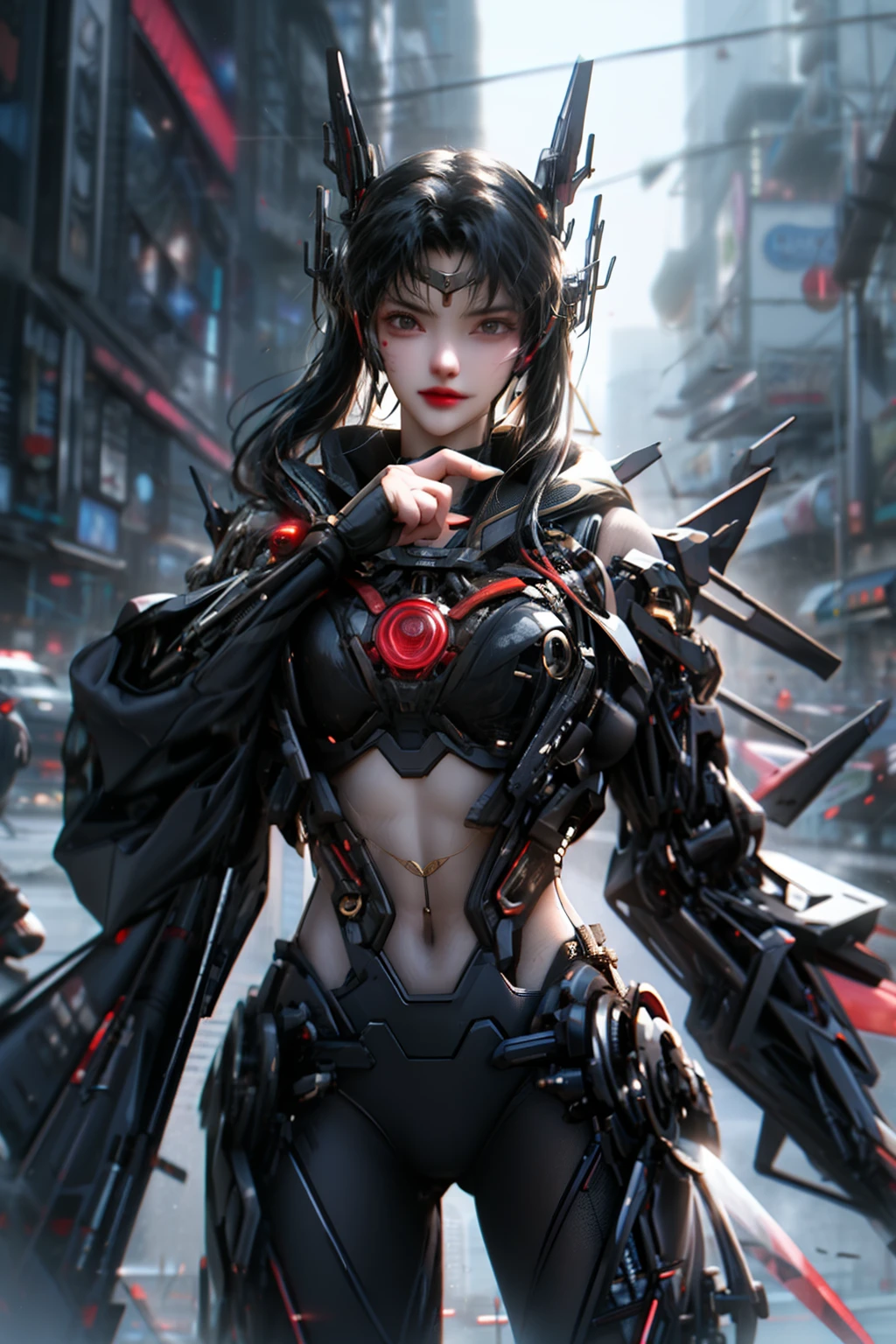 1 girl, solo, cyberhanfu, wearing long sleeve ,chines cloths, In red and black,daynamic pose,massive tits, Cyberpunk-city, dynamicposes, head gear, hair adornments, long whitr hair, cyber punk perssonage, a high-tech city, Full of mechanical and futuristic elementirai, technologies,8k best quality