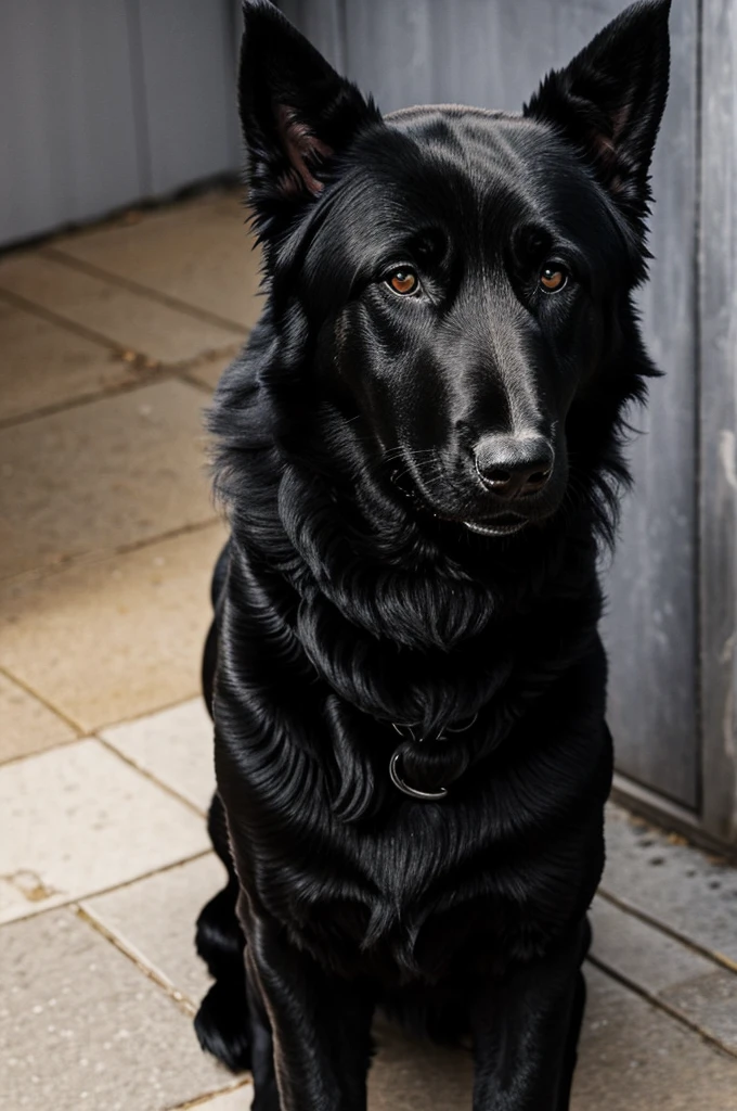 A black Belgian Shepherd breed dog with a white chest, drawn in a cartoonish way, where only his head comes out, looking forward tenderly