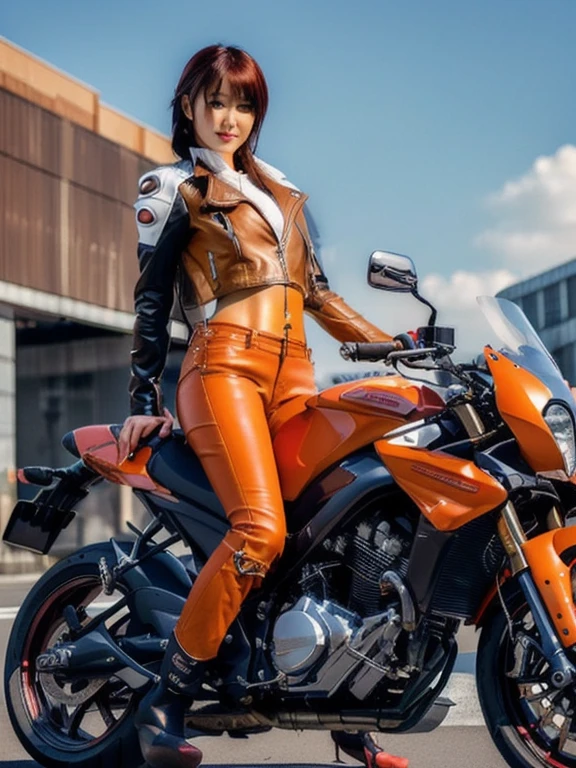 woman in leather jacket sitting on a motorcycle on the street, Wearing a leather biker outfit, motorcycle, riding a motorcycle, sitting on a motorcycle, motorcycles, Motorcycle, Sitting on a cyberpunk motorcycle, riding a motorcycle, Asuka, Ayaka cosplay, 🚿🗝📝, Kasumi Arimura Style 3/4, Russian mixed with Japanese
