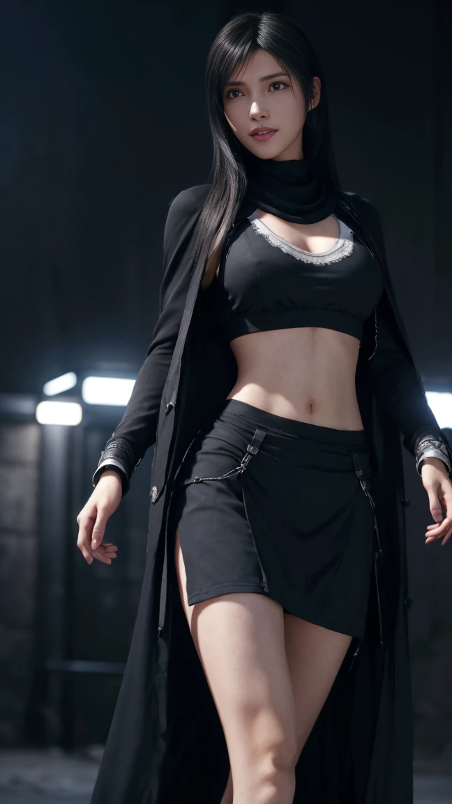 8K, Top Quality, Intricate Details, Ultra Detail, Ultra High Resolution, Masterpiece, close up shot, (full body: 1.1), Slender, Smile, (Makeup: 0.4), (walking), (Fluffy  Eyes: 1.21), ((bangs)), 1girl, solo, 1 girl, (((red eyes, black hair, bangs, long hair)), ((Tifa,Tifa･lockhart,Final Fantasy 7,FF7,l)), close up shot, , ((tall)), (((fit body))), (((slim face))), sharp face, ((abaya, hijab, )) , (detailed face), sharp face, small lips, ( walking), walk pose, walking pose, 
 ((,  abaya ,hijab)), , ((,)), detailed face, detailed breast, large breast, huge breast, (( )), detail ass, Narrow Waist, Skinny, tall , 175 cm tall, Muscular, Navel, Exposed Abdomen, Pointed Chest,, Beautiful girl with accentuated slender abs: 1.4, Six Pack Abs: 1.4,, Perfect Body, detail leg, (( dark background)), black background,