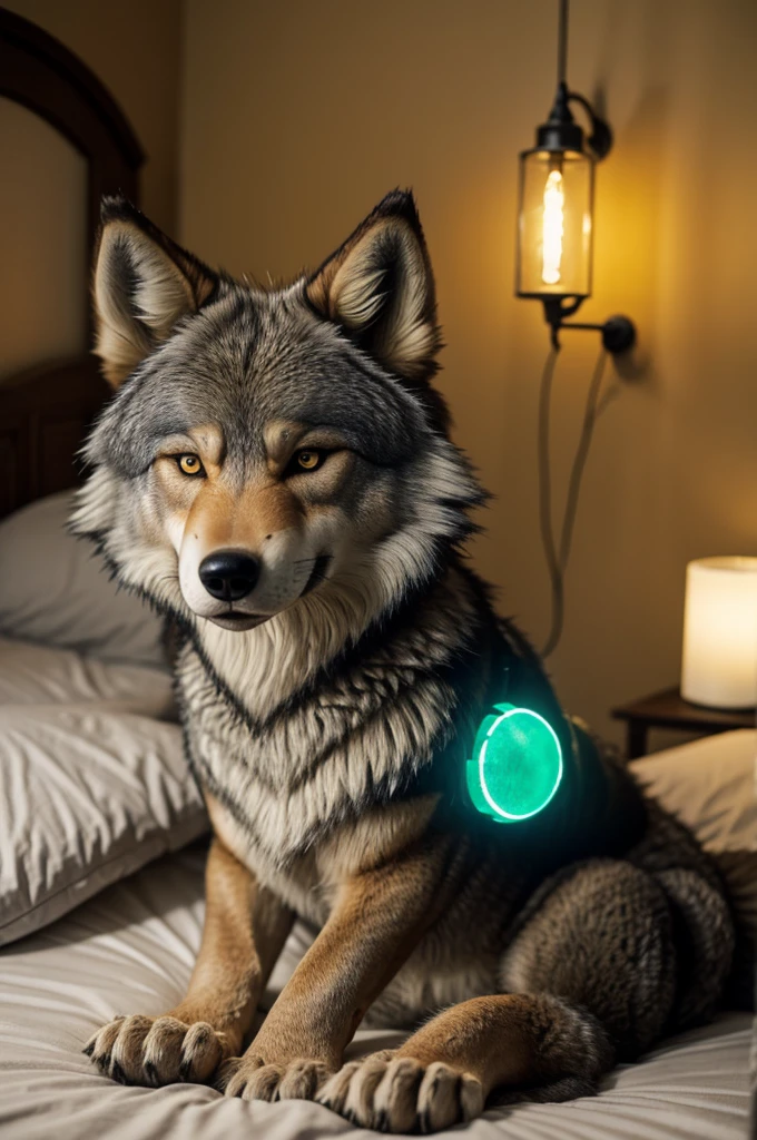 there is a stuffed wolf sitting on a bed with green light, furry character, POV Furry Art, saints row Fursuit tails mod, Macro furry, Tonic of the Wolf, ein anthropomorpher Wolf, the beautiful hairy wolf, furry body, Toony, furry grey body, Furries with tails, fluffy orange peel, pelzige Fursona, furry chest, Fursuit, very blurry