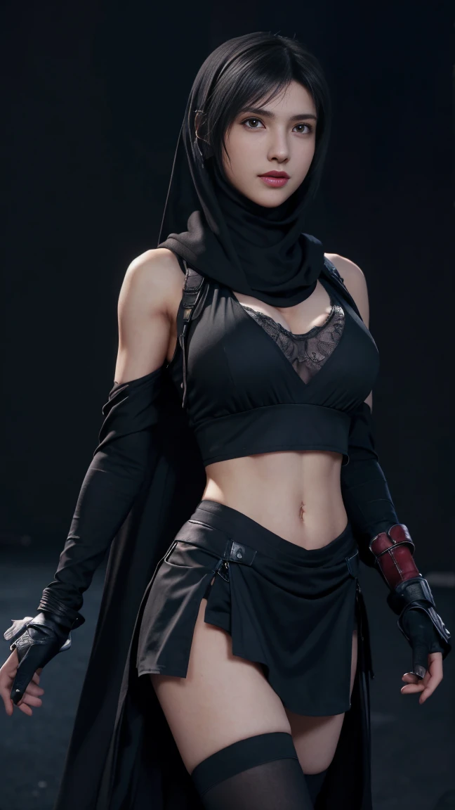 8K, Top Quality, Intricate Details, Ultra Detail, Ultra High Resolution, Masterpiece, close up shot, (full body: 1.1), Slender, Smile, (Makeup: 0.4), (walking), (Fluffy  Eyes: 1.21), ((bangs)), 1girl, solo, 1 girl, (((red eyes, black hair, bangs, long hair)), ((Tifa,Tifa･lockhart,Final Fantasy 7,FF7,l)), close up shot, , ((tall)), (((fit body))), (((slim face))), sharp face, ((abaya, hijab, )) , (detailed face), sharp face, small lips, ( walking), walk pose, walking pose, 
 ((,  abaya ,hijab)), , ((,)), detailed face, detailed breast, large breast, huge breast, (( )), detail ass, Narrow Waist, Skinny, tall , 175 cm tall, Muscular, Navel, Exposed Abdomen, Pointed Chest,, Beautiful girl with accentuated slender abs: 1.4, Six Pack Abs: 1.4,, Perfect Body, detail leg, (( dark background)), black background,