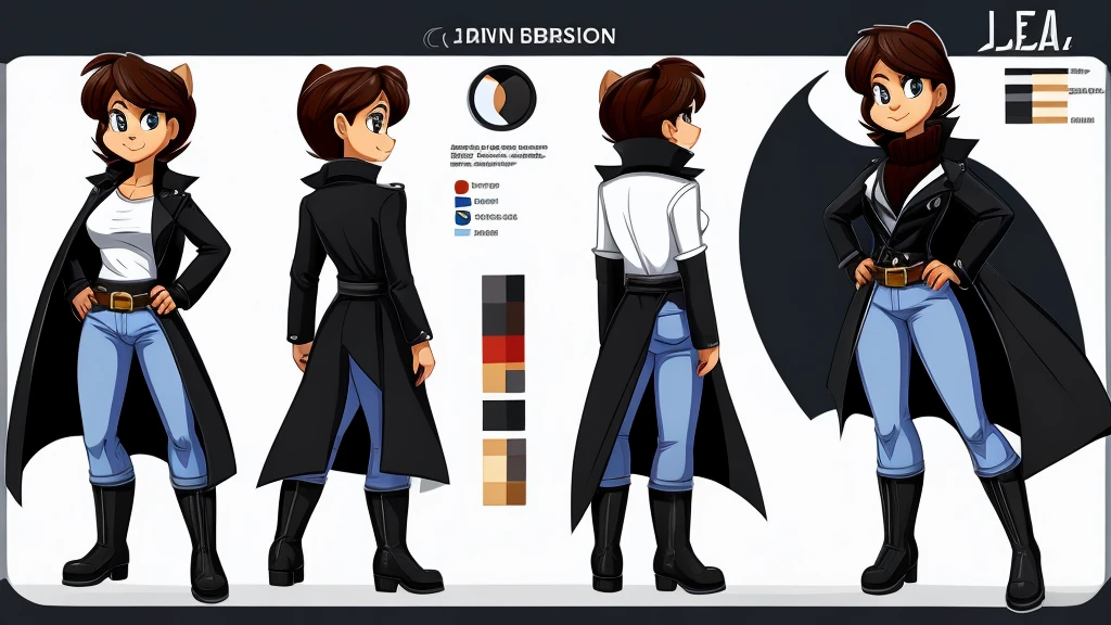 Female animal wearing a black coat, a white shirt, jeans, boots, and a belt around her waist.
cartoon style, character reference sheet