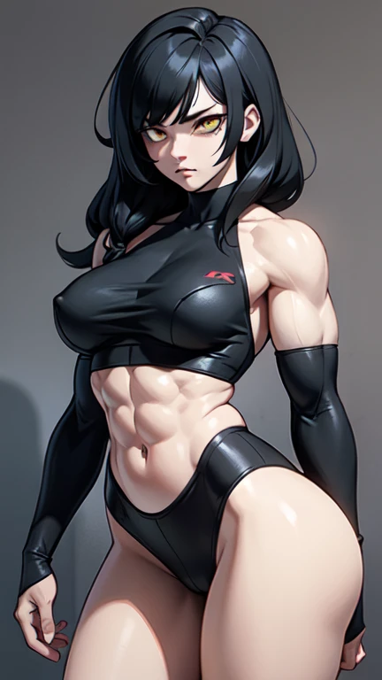 pale girl muscular girl breasts black hair yellow eyes expressionless sad