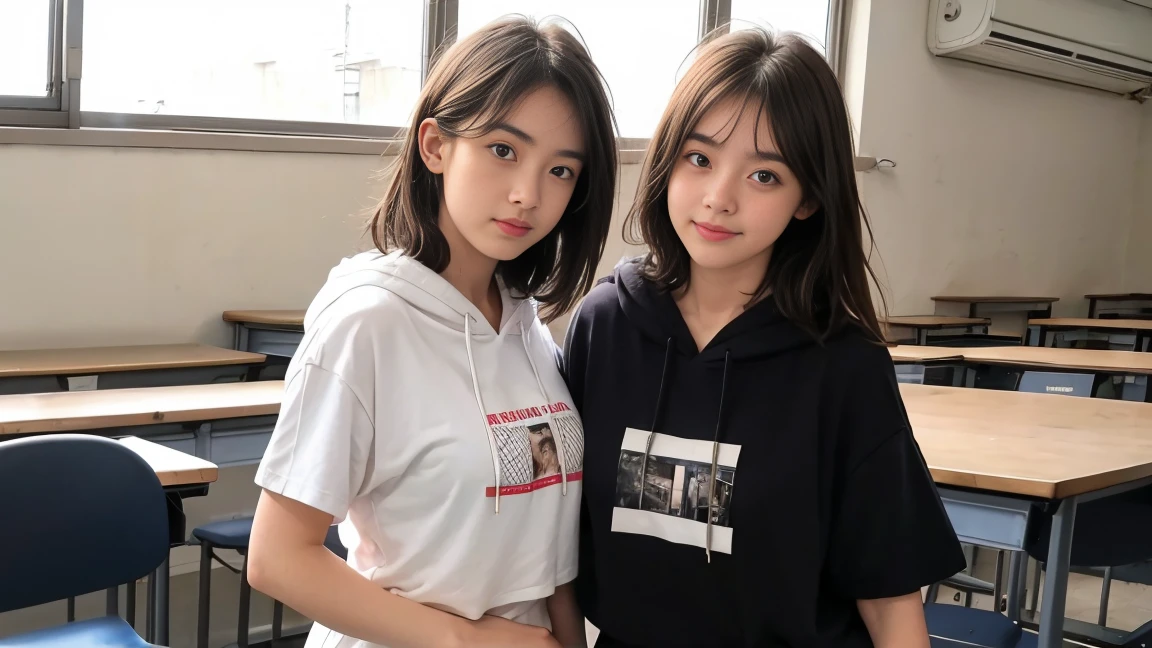 deux femmes ensemble de 18 ans sexy et mince ,short sleeve hoodie , jambe visible , se touche,salle de classe,position sensuel