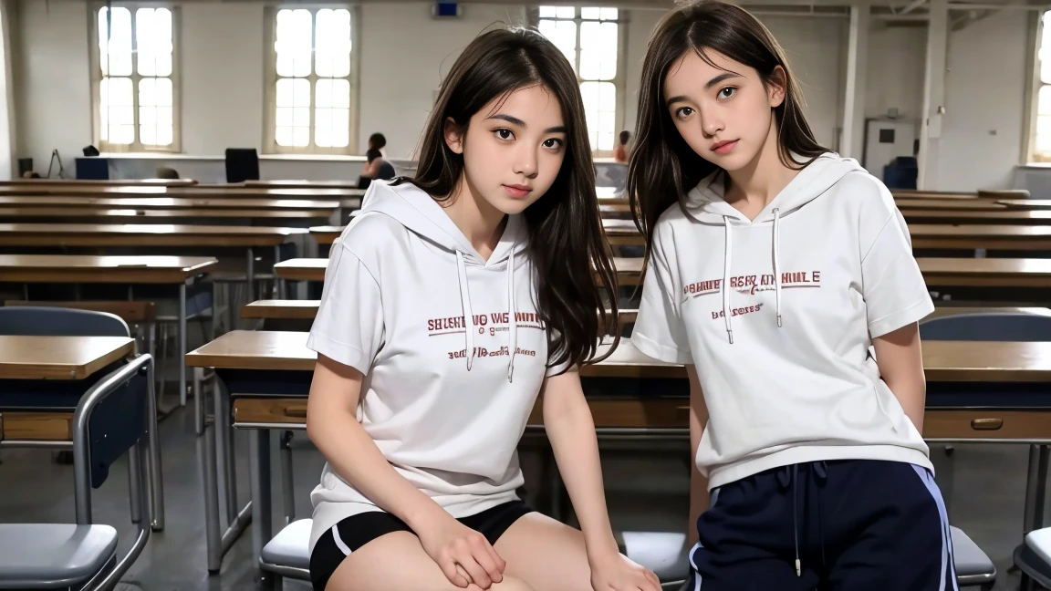 deux femmes ensemble de 18 ans sexy et mince ,short sleeve hoodie , jambe visible , se touche,salle de classe,position sensuel