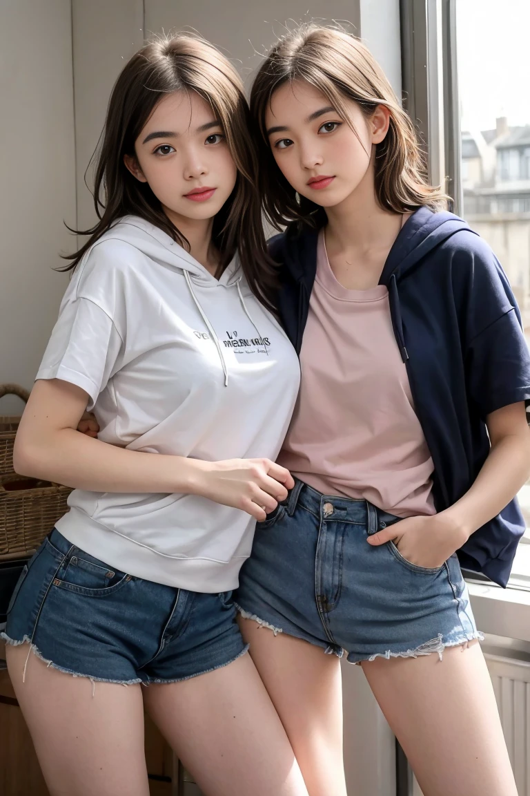 deux femmes ensemble de 18 ans sexy et mince ,short sleeve hoodie , jambe visible , se touche,salle de classe,position sensuel