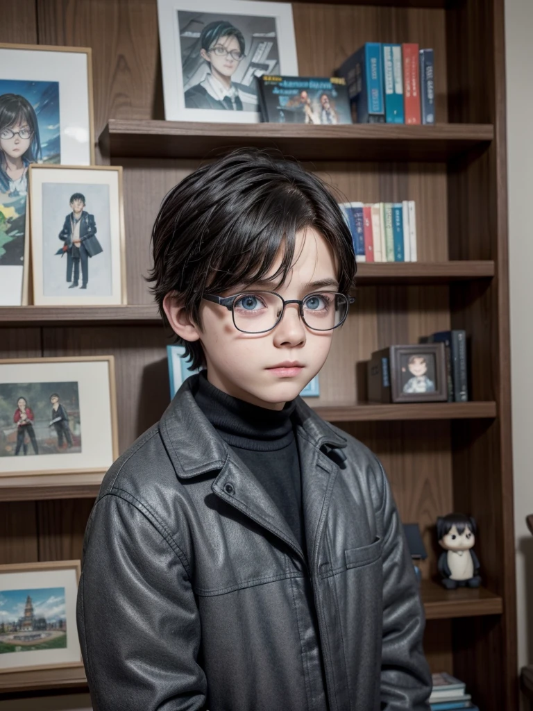 max lightwood was a 9 year old boy, cute, handsome, with dark brown hair and gray blue eyes, big glasses, dark gray coat, black pants, with a shelf of manga and story books, in the background a room with a wooden bed, poster of drawings