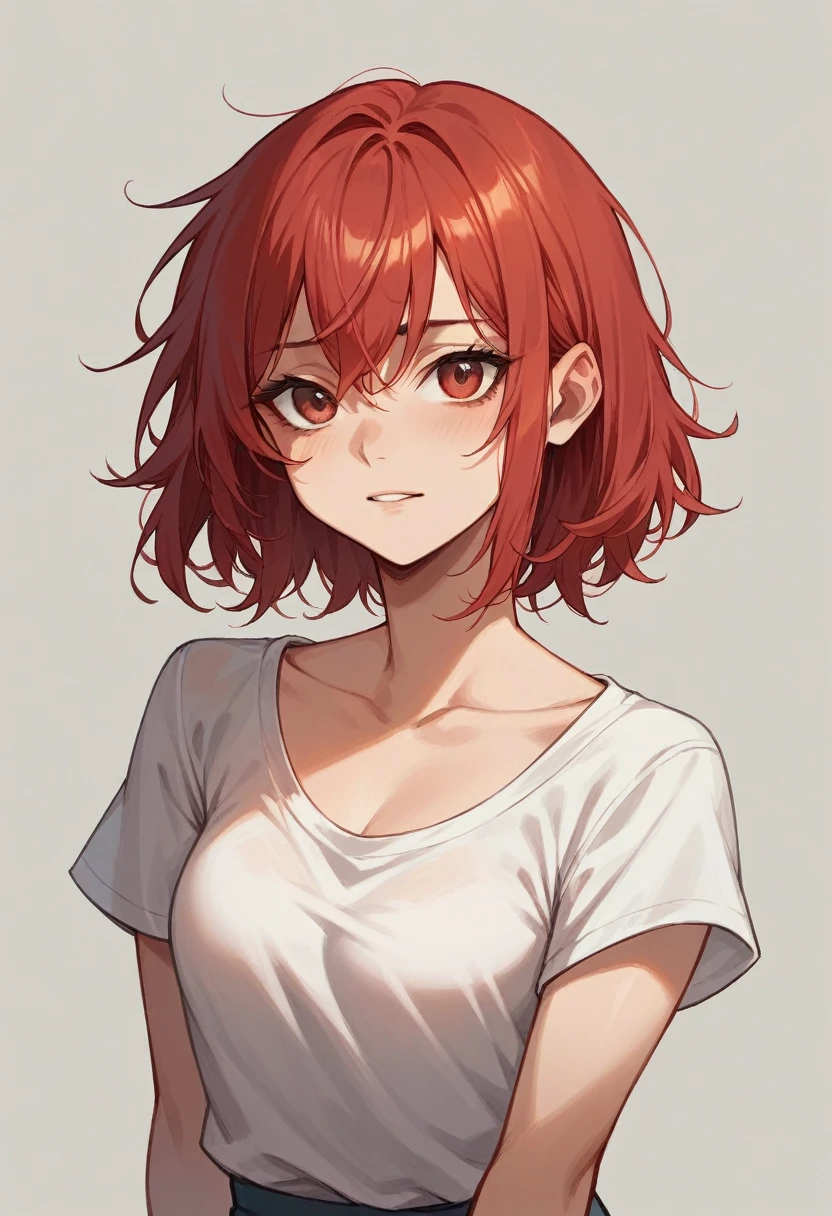 Make a 15 year old teenager, Red hair, SHORT to the neck, and wavy, with your chest out