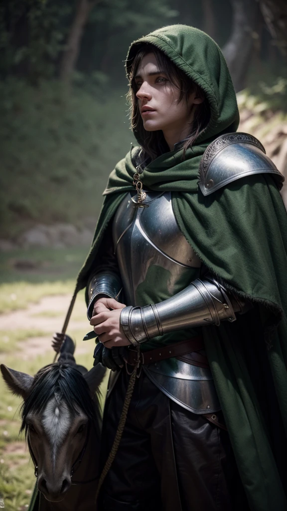 a medieval knight in green cloak and hood holding a falcon,detailed armor, detailed face, highly detailed, hyper realistic, cinematic lighting, dramatic shadows, epic fantasy, intricate details, photorealistic, masterpiece, 8k, award winning