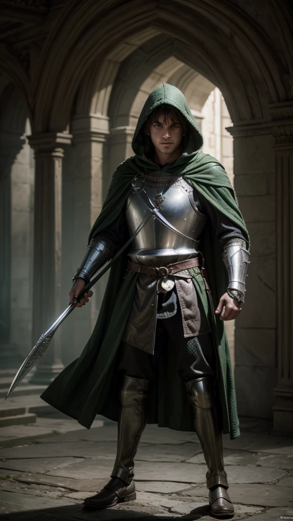 a medieval knight in green cloak and hood holding a falcon,detailed armor, detailed face, highly detailed, hyper realistic, cinematic lighting, dramatic shadows, epic fantasy, intricate details, photorealistic, masterpiece, 8k, award winning