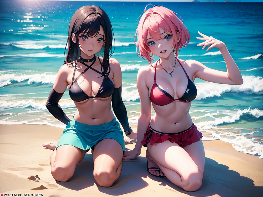 anime, Style, 2 girls in bikini, on the beach(best quality, 4k, 8k, high resolution, obra-prima: 1.2), ultra-detailed, (realista, fotorealista, foto-realista: 1.37) colorido com vibrantes cores, soft lighting