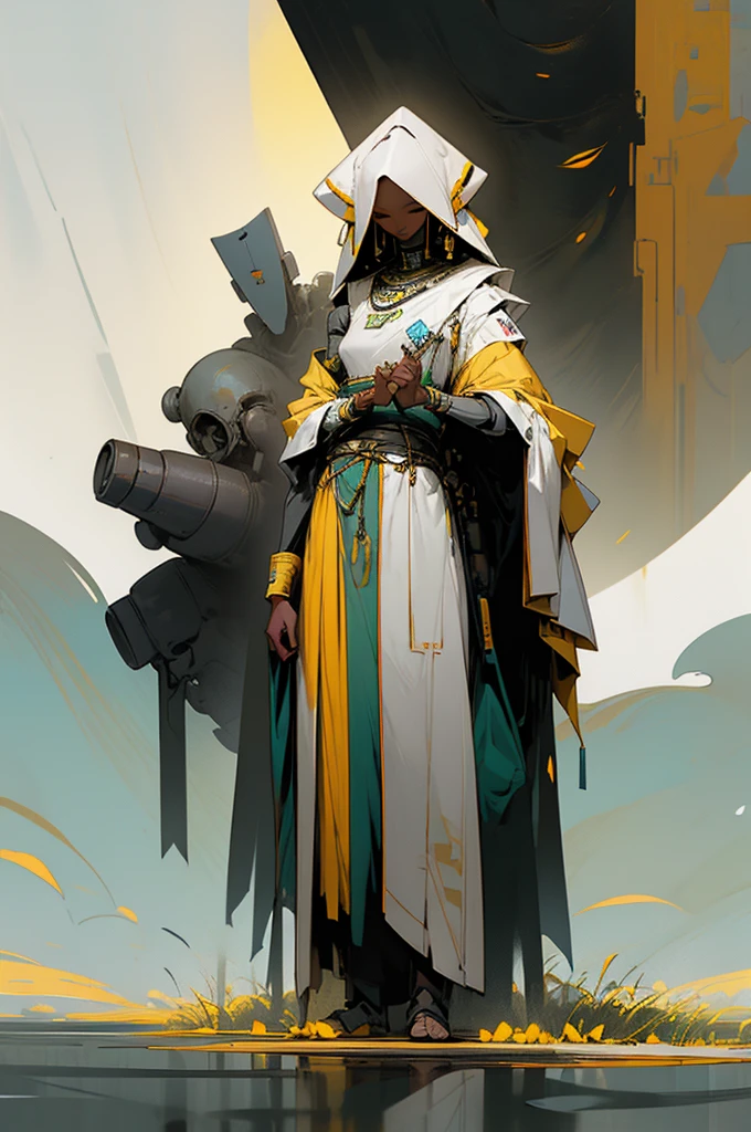 a tall slim robot, wearing a simple yellow wrap across its shoulder, a diamond shaped head, robot is standing side by side with a short African woman, with curly black hair and a gentle smile, wearing a sleeveless white robe, standing in a vast meadow covered with white and yellow flowers