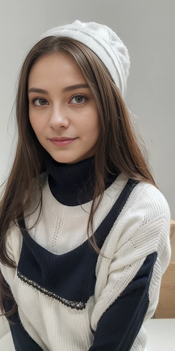femelle, 20 ans, cheveux noirs courts et ondulés、Bande、Mamelon gonflé、(Tricot à col roulé blanc)、(Jupe longue bleue), Lait moitié noir, joli visage souriant