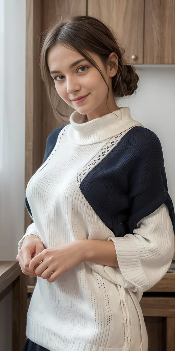 femelle, 20 ans, cheveux noirs courts et ondulés、Bande、Mamelon gonflé、(Tricot à col roulé blanc)、(Jupe longue bleue), Lait moitié noir, joli visage souriant
