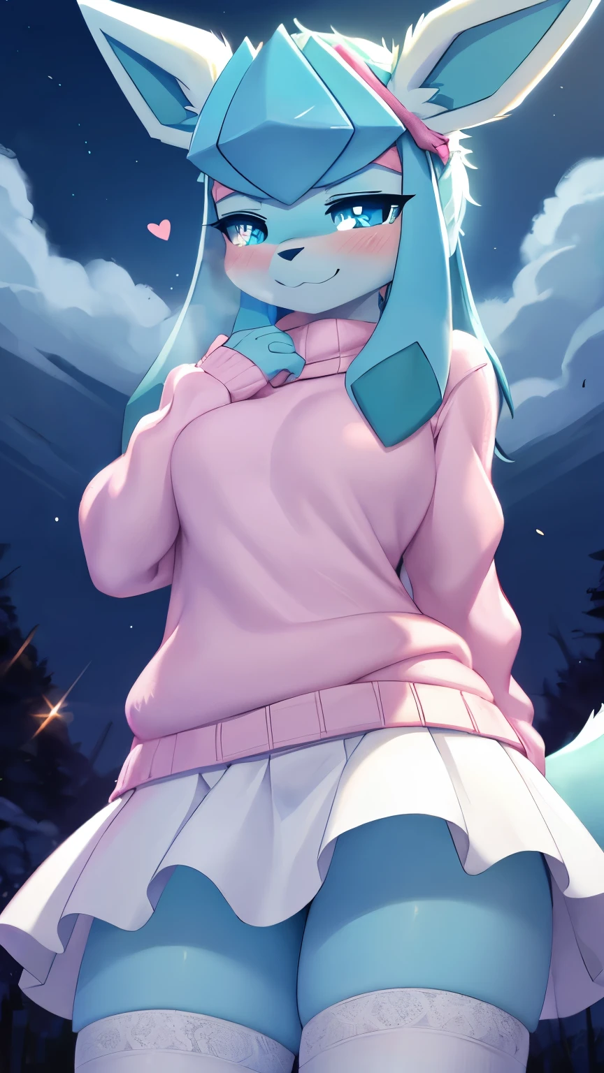 best quality,best resolution,(fluffy anthro furry :1.3),Glaceon,cyan eyes,glowing eyes,neon eyes,glistering eyes,medium breasts,pink sweater,(white skirt),white stockings,dark blue sky,huge bluemoon,hungry face,desire smile,eye close,looking at viewer,full face blush,heavy breath,very hot,heart eyes,shy expression eyes,shy pose,front view,Glaceon,young (18 years old)