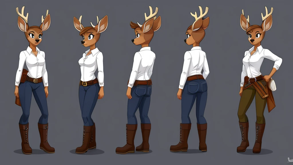 Female deer wearing a black coat, a white shirt, jeans, boots, and a belt around her waist.
cartoon style, character reference sheet