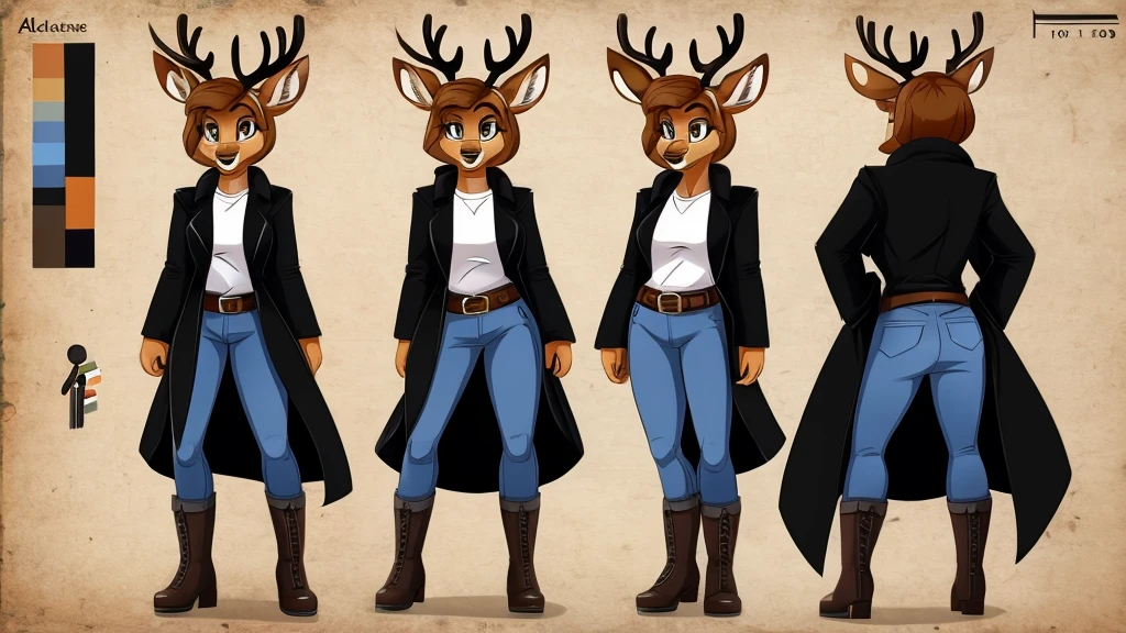 Female deer wearing a black coat, a white shirt, jeans, boots, and a belt around her waist.

cartoon style, character reference sheet