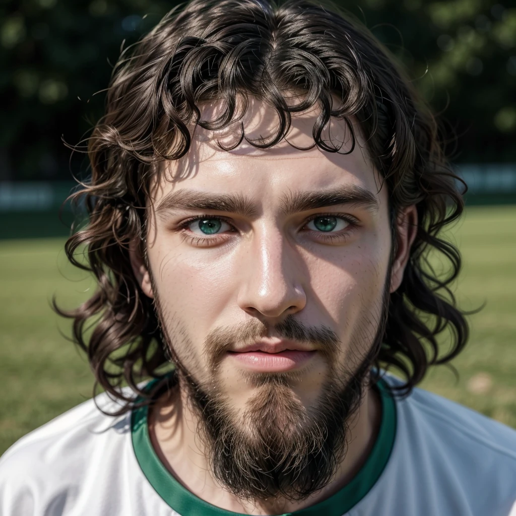 a man with a face with a very close beard, green eyes and curly hair with a very wide nose, a soccer coach