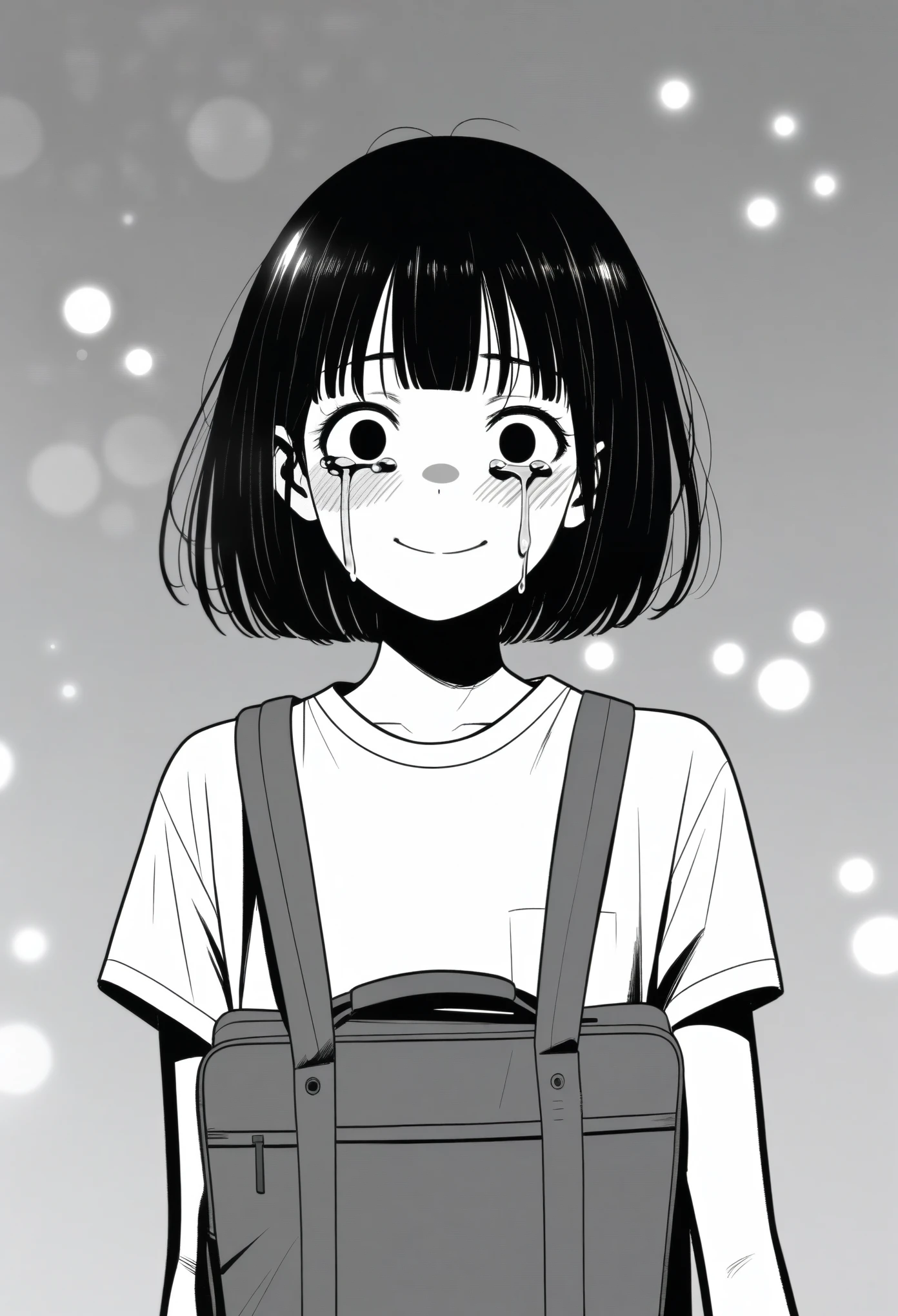 masterpiece, best quality, 1girl, mamerakkkkko, grayscale, manga style, japanese, chi no wadachi, black eyes, street, iced, black hair, schoolbag, smile, lineart, white background, white shirt, grey shorts, centered, 18 years old, tall, fair skinned, bokeh background, crying, tears, straight-on, tears streaming, bob cut