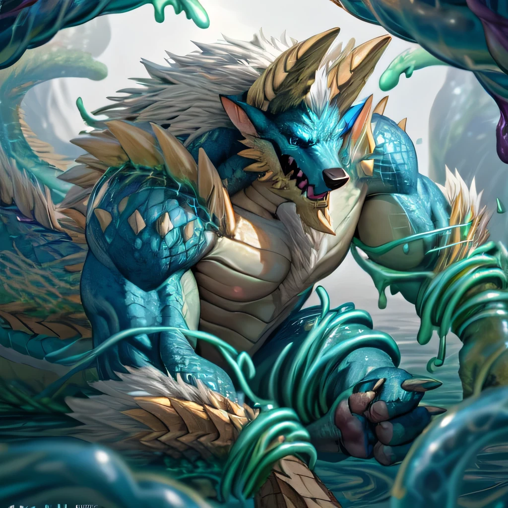anthropology,(zinogre:1.2),Tail,((whole body,blue eyes, Blue body, White furry, Yellow Hand, Feet, Blue face,4 toes,Tail )),,muscular, whole body, (author:null-ghost,From raccoon21,masterpiece,high quality), Night Fight,((boundary)), rest (((Slime monster uses tentacles to fight dragon))),liquid , Tentacles everywhere ,tickle