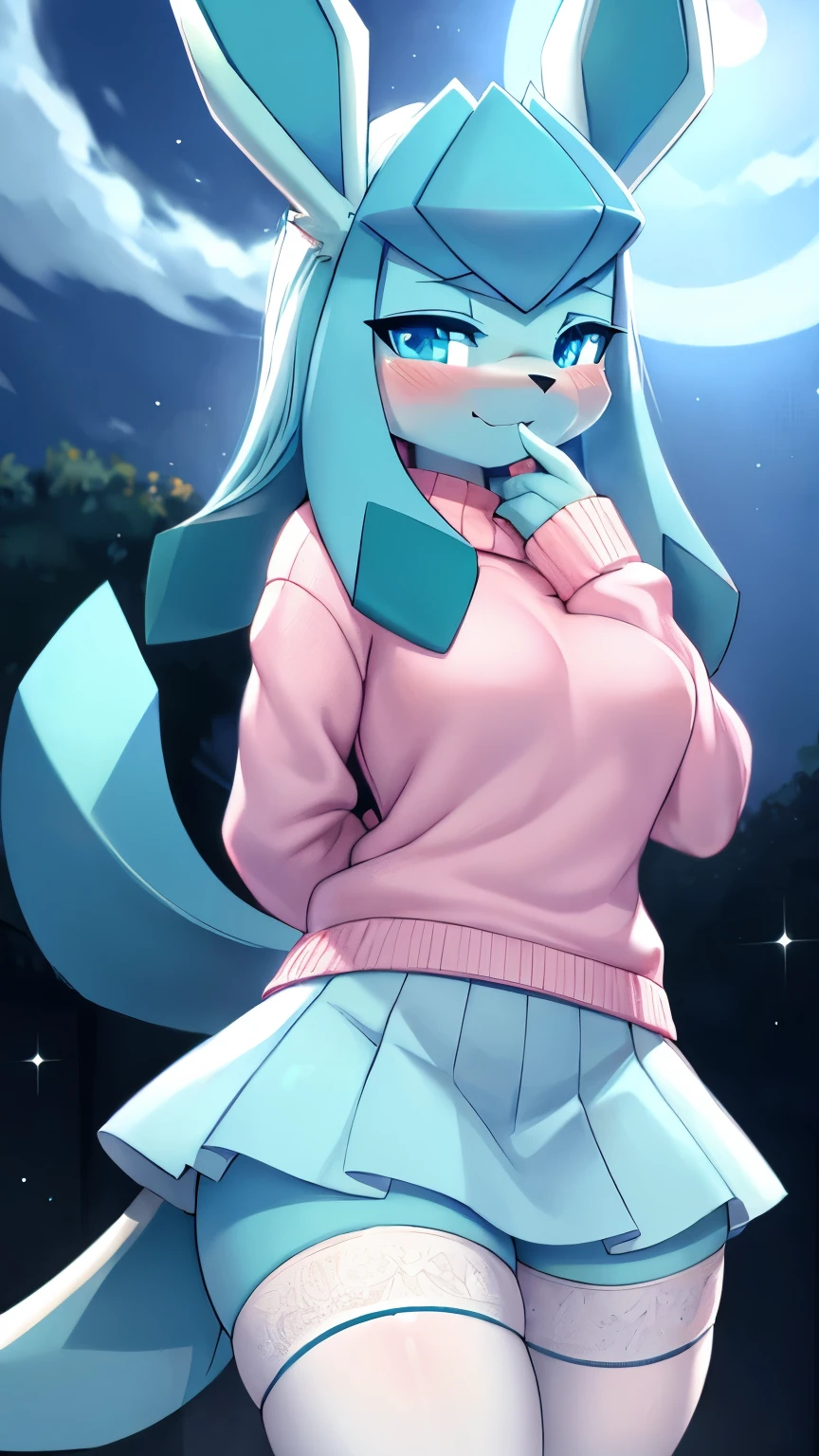 best quality,best resolution,(fluffy anthro furry :1.3),Glaceon,cyan eyes,glowing eyes,neon eyes,glistering eyes,medium breasts,pink sweater,(white skirt),white stockings,dark blue sky,huge bluemoon,hungry face,desire smile,eye close,looking at viewer,full face blush,heavy breath,very hot,heart eyes,shy expression eyes,shy pose,front view,Glaceon,young (18 years old)