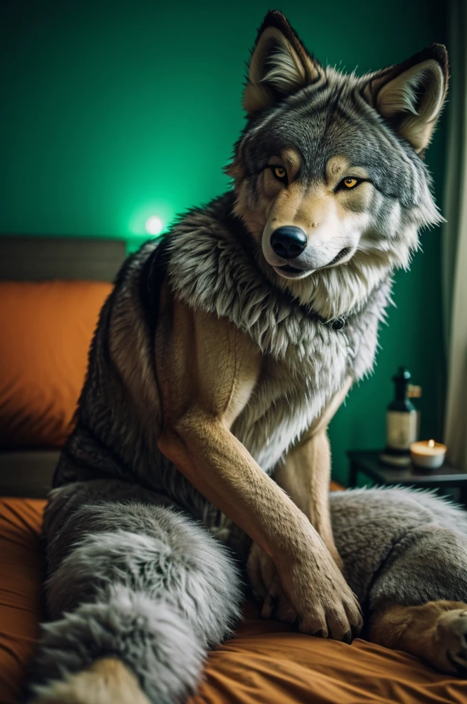 there is a stuffed wolf sitting on a bed with green light, furry character, POV Furry Art, saints row Fursuit tails mod, Macro furry, Tonic of the Wolf, ein anthropomorpher Wolf, the beautiful hairy wolf, furry body, Toony, furry grey body, Furries with tails, fluffy orange peel, pelzige Fursona, furry chest, Fursuit, very blurry