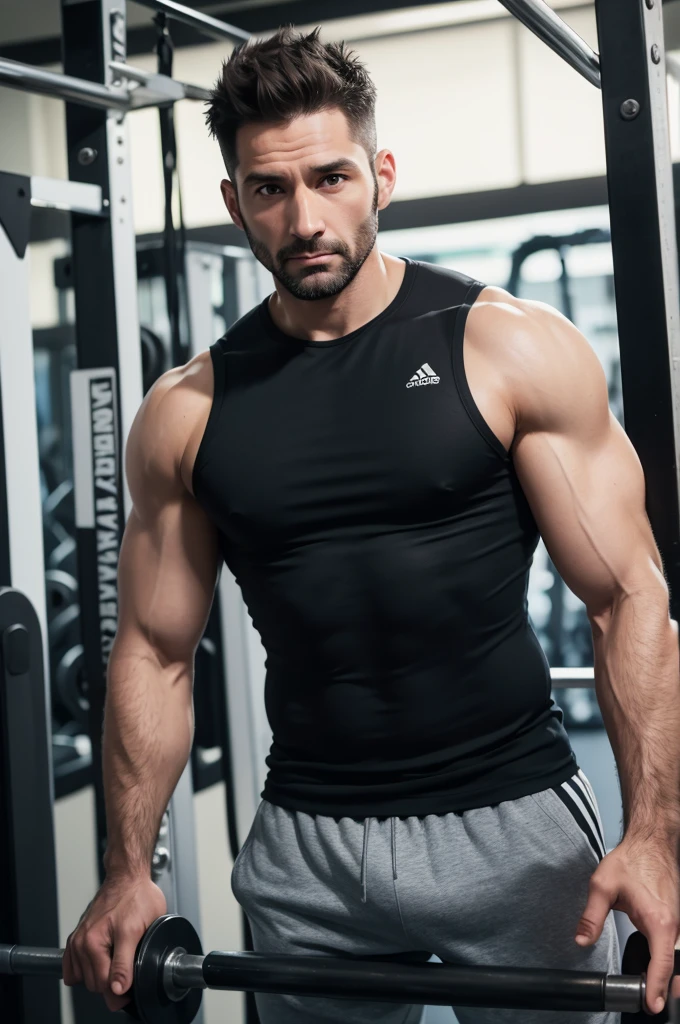 impressed man at the gym training brunette, 37 years old, 72 kilos