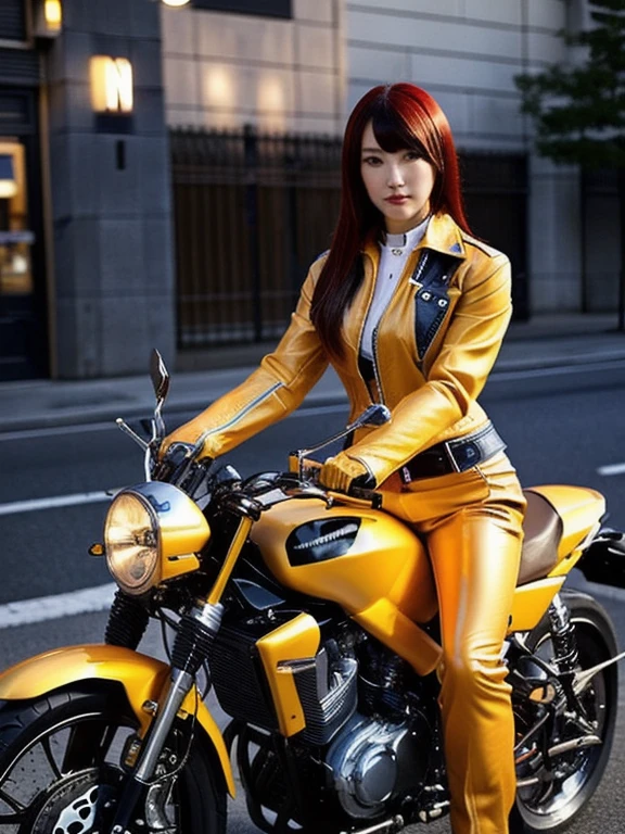 woman in leather jacket sitting on a motorcycle on the street, Wearing a leather biker outfit, motorcycle, riding a motorcycle, sitting on a motorcycle, motorcycles, Motorcycle, Sitting on a cyberpunk motorcycle, riding a motorcycle, Asuka, Ayaka cosplay, 🚿🗝📝, Kasumi Arimura Style 3/4, Russian mixed with Japanese