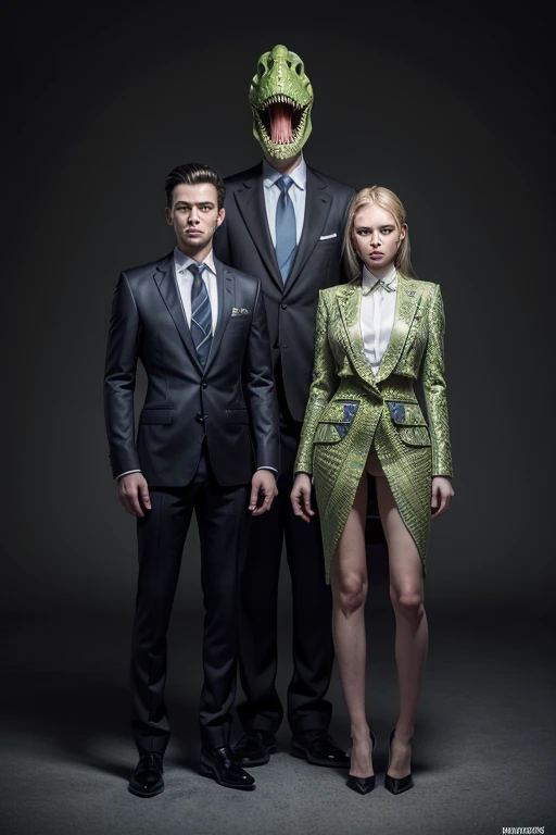 Awesome artwork create an image of what reptilian humanoids would look like with suits and also dresses