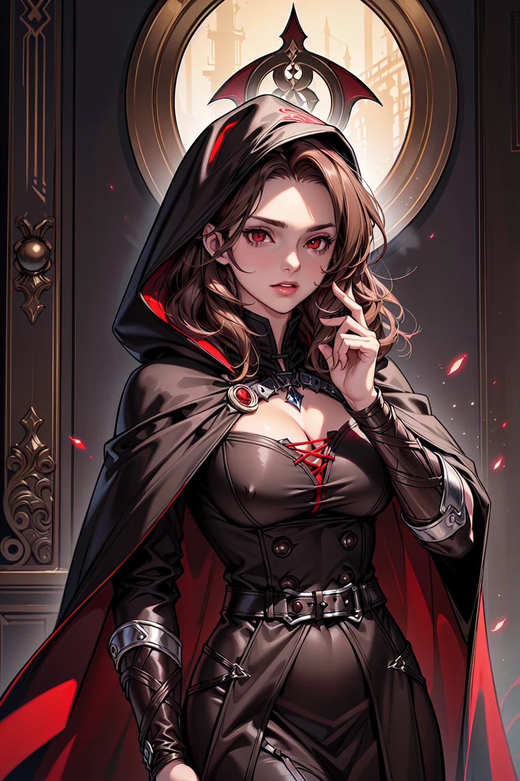((masterpiece:1.2, best quality, ultra detailed, absurdres, perfect anatomy, perfect hands)), (((1 woman))), (short brown wavy hair), red eyes, fit, ((dhampir noble sorcerer)), (black cloak)