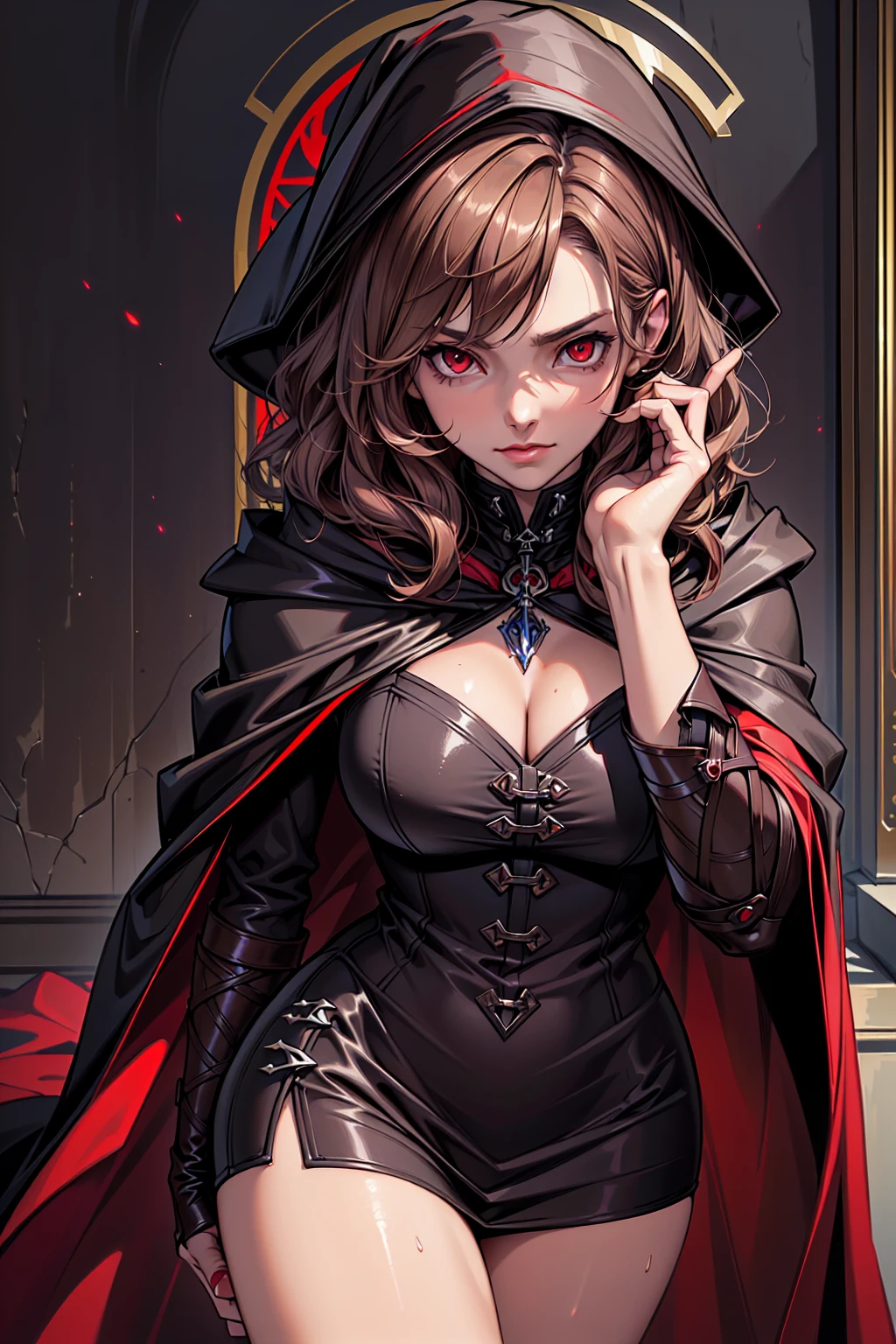 ((masterpiece:1.2, best quality, ultra detailed, absurdres, perfect anatomy, perfect hands)), (((1 woman))), (short brown wavy hair), red eyes, fit, ((dhampir noble sorcerer)), (black cloak)