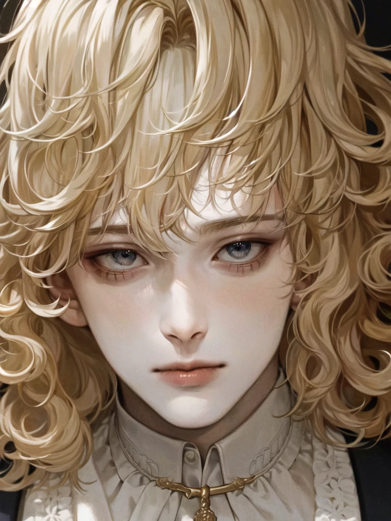 masterpiece, 1 boy, a well-drawn face up close, high quality, 8K, Ultra HD, actor, Curly long blonde hair