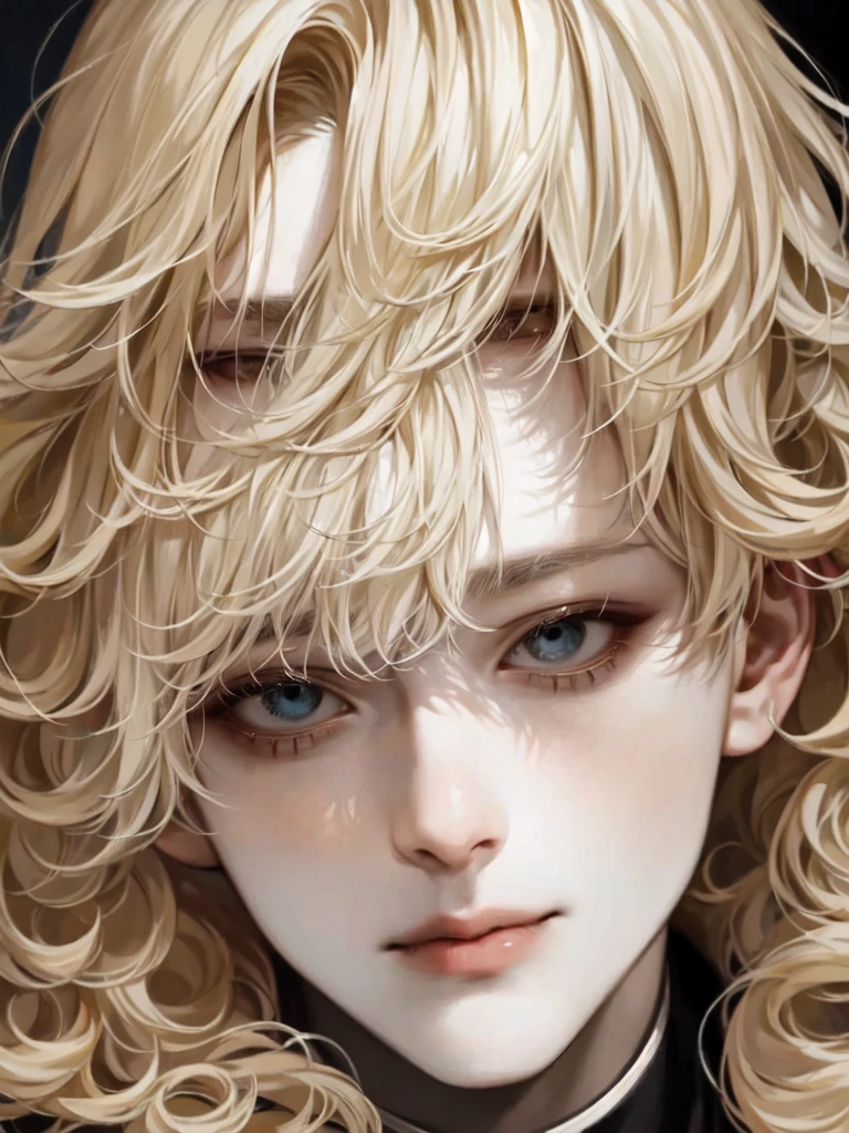 masterpiece, 1 boy, a well-drawn face up close, high quality, 8K, Ultra HD, actor, Curly long blonde hair