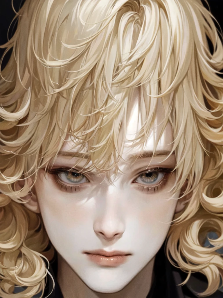 masterpiece, 1 boy, a well-drawn face up close, high quality, 8K, Ultra HD, actor, Curly long blonde hair