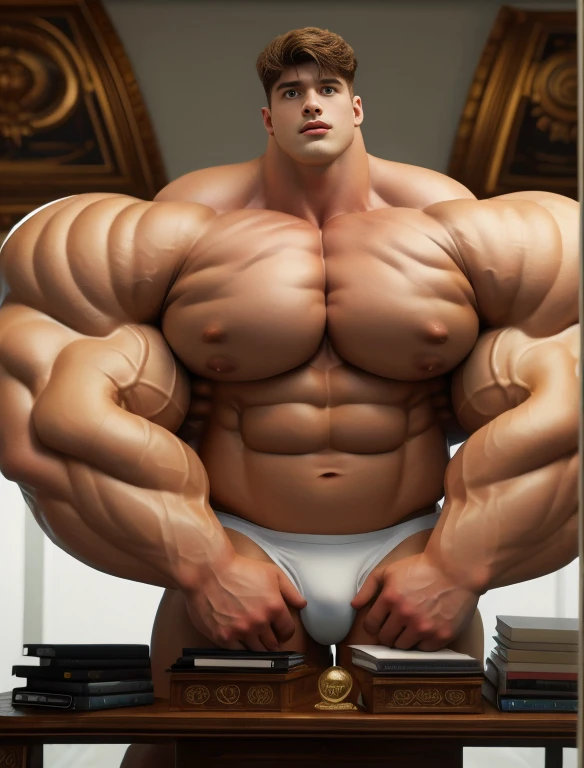 1boy, giant, bodybuilding pose, stand, illuminating light, strong body, bulk, large size, staring, fully-exposed, in the white photo studio room, nude, white triangular underwear, prominent bulge, extraordinary big, brutalmass, giant, muscular body, bulk, buff, massive body, large meaty body size