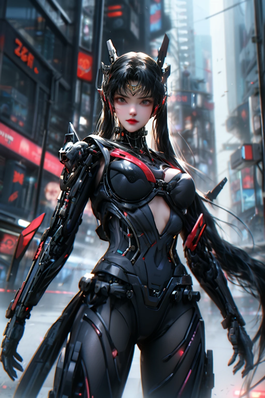 1 girl， solo， cyberhanfu， wearing long sleeve ，chines cloths, In red and black，daynamic pose,massive tits, Cyberpunk-city， dynamicposes， head gear， hair adornments， long whitr hair， cyber punk perssonage， a high-tech city， Full of mechanical and futuristic elementirai， technologies,8k best quality 
