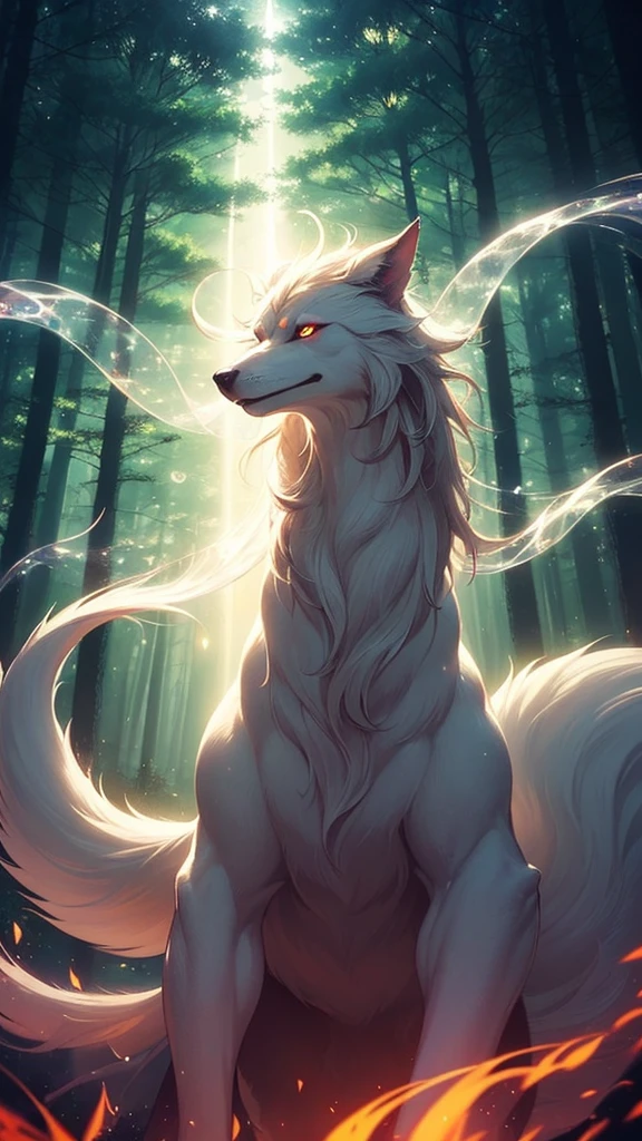 1 Big Wolf, mythical creature, nine tails, (glowing eyes:0.9), red fur, elegant posture, (spiritual aura:1.2), flowing mane, (floating in the air:1.3), mysterious, (wisdom:1.1), seductive, (enchanted forest background:1.4), moonlit night, magical, ancient, (ethereal glow:1.2), (translucent tails:1.1), mythical powers, (misty atmosphere:0.8), divine, (celestial beings:1.3), (fierce protector:1.2), alluring, (fading into shadows:0.9).