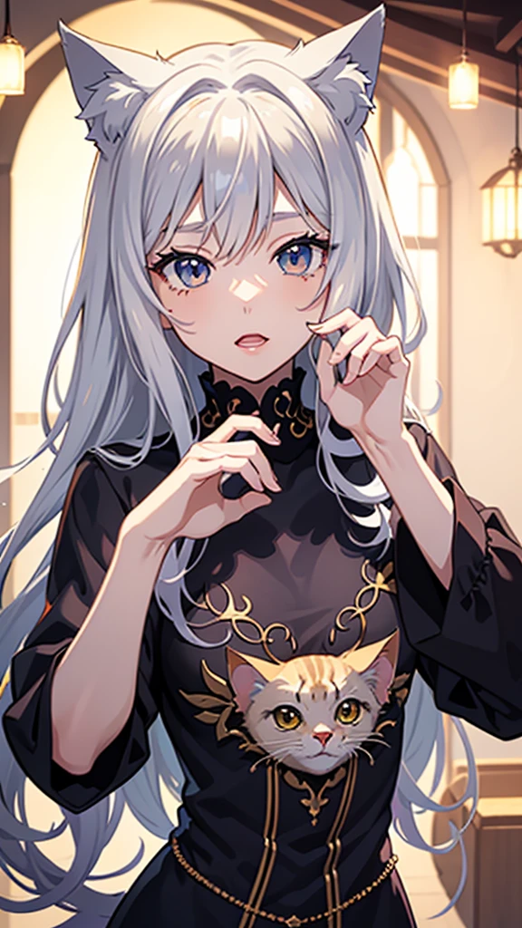 A cute anime girl, neko-chan, extremely detailed 2D illustration, beautiful detailed eyes, beautiful detailed lips, anime face and features, long eyelashes, beautiful detailed facial expression, long hair, cat ears, cat tail, playful pose, intricate detailed background, vibrant colors, delicate lighting, masterpiece, best quality, 4k