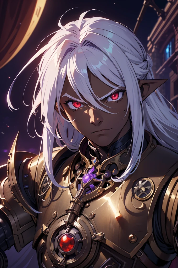 ((best quality)), ((masterpiece)), (detailed),8k, ((1boy)), ((mechanical armor)), (dungeonpunk),(steampunk), (serious), dark skinned, human, upper body, portrait, red eyes, perfect eyes, long white hair, Xemnas from Kingdom Hearts, half-drow, pointy ears, serious face, dramatic lighting, purple hue, art by Kinema Citrus