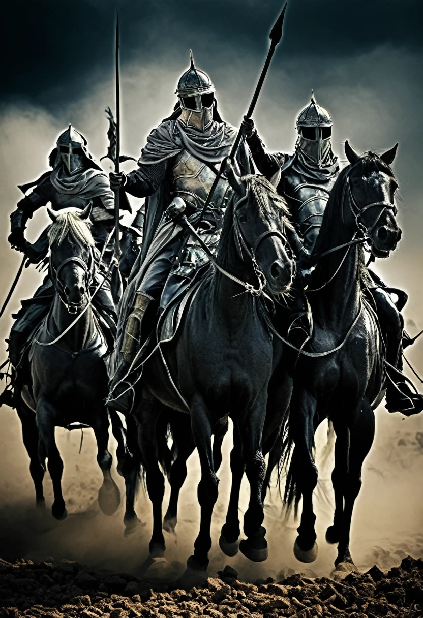 Apocalyptic quartet: 4 horsemen of the apocalypse - the mythical figures symbolizing conquest, war, famine, and death, heralding cataclysmic events.