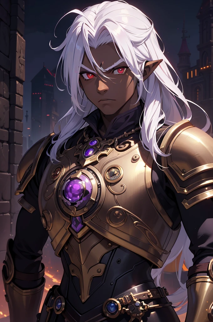 ((best quality)), ((masterpiece)), (detailed),8k, ((1boy)), ((mechanical armor)), (dungeonpunk),(steampunk), (serious), dark skinned, human, upper body, portrait, red eyes, perfect eyes, long white hair, Xemnas from Kingdom Hearts, half-drow, pointy ears, serious face, dramatic lighting, purple hue, art by Kinema Citrus