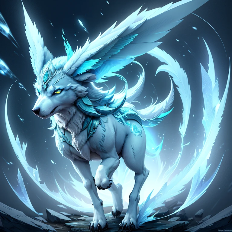 (1 wolf) full body, a green eyed light blue carbuncle, a winged four pointy ears with ice and frost wind, light blue feathered wings, ice energy around, frost lake background