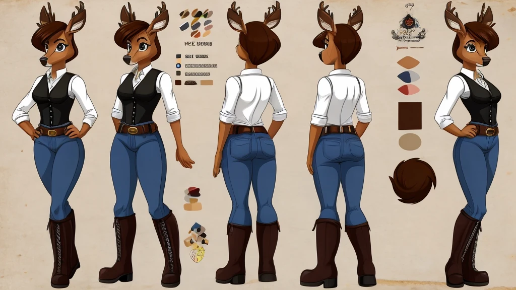 Female deer wearing a black vest, a white shirt, jeans, boots, and a belt around her waist.

cartoon style, character reference sheet