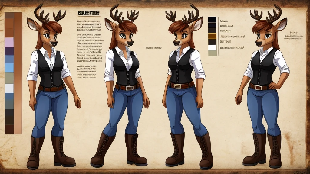 Female deer wearing a black vest, a white shirt, jeans, boots, and a belt around her waist.
cartoon style, character reference sheet