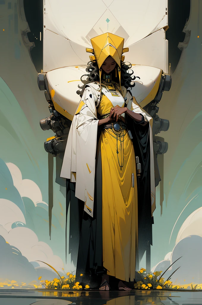 a tall slim robot, wearing a simple yellow wrap across its shoulder, a diamond shaped head. robot is standing side by side with a short African woman, with curly black hair and a gentle smile, wearing a sleeveless white robe, standing in a vast meadow covered with white and yellow flowers