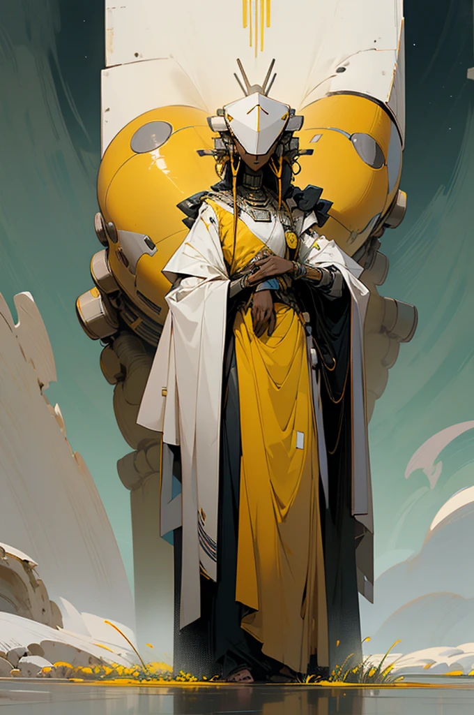 a tall slim robot, wearing a simple yellow wrap across its shoulder, a diamond shaped head. robot is standing side by side with a short African woman, with curly black hair and a gentle smile, wearing a sleeveless white robe, standing in a vast meadow covered with white and yellow flowers